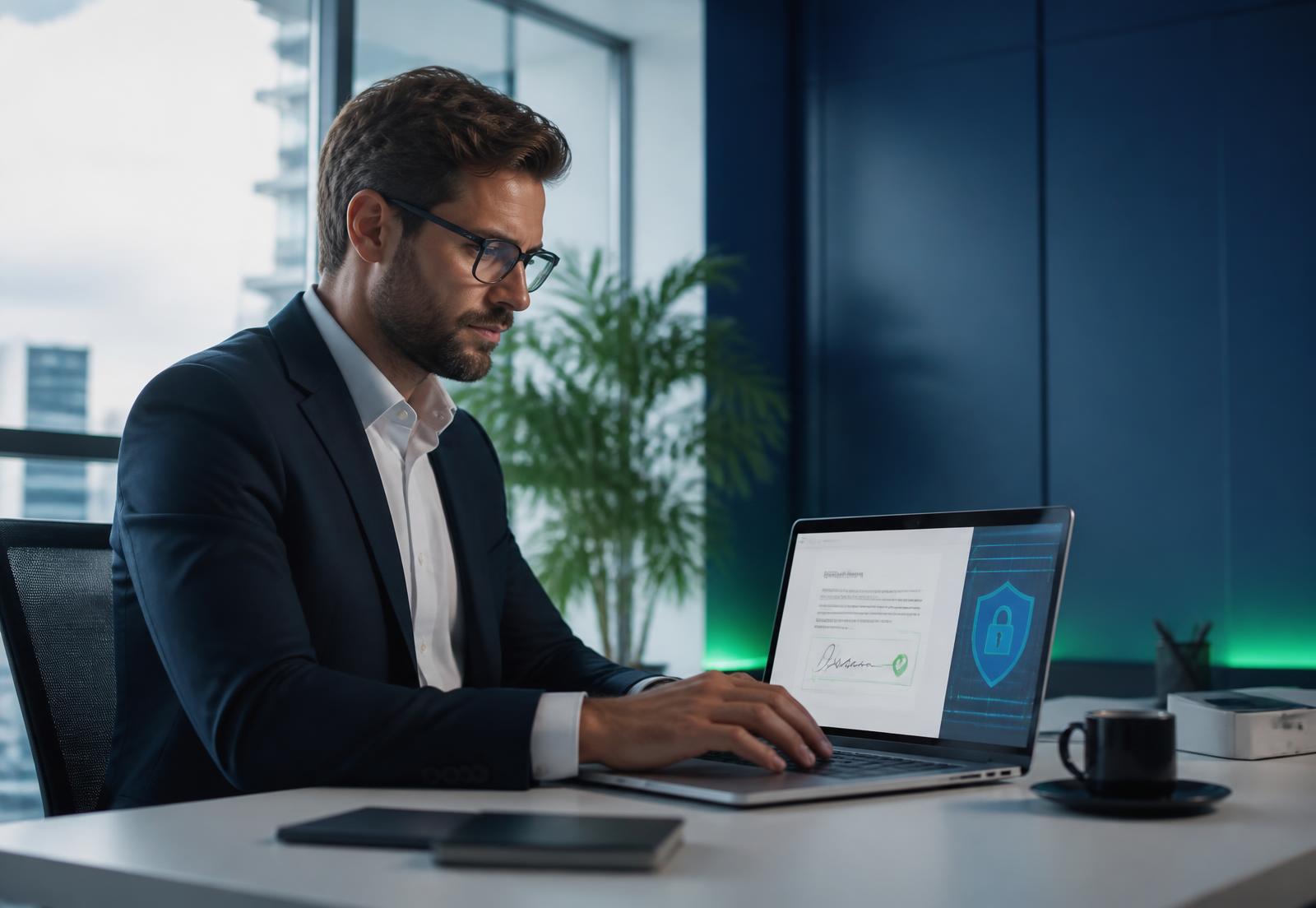 Profissional realizando atendimento de certificação digital em escritório